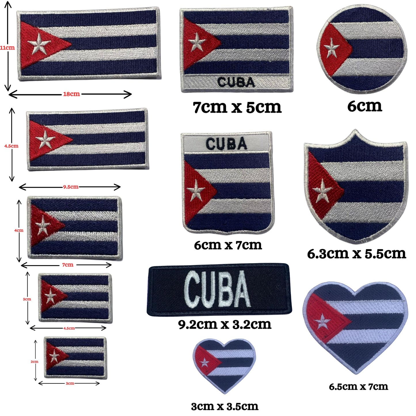 Cuba Flag Embroidered Patch Set, Iron-On or Sew-On Applique Badges, Rectangle Shield Round Heart Shapes, for Jackets, Backpacks, Hats, Uniforms and Various Sizes