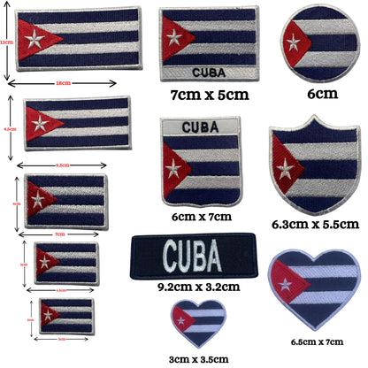 Cuba Flag Embroidered Patch Set, Iron-On or Sew-On Applique Badges, Rectangle Shield Round Heart Shapes, for Jackets, Backpacks, Hats, Uniforms and Various Sizes