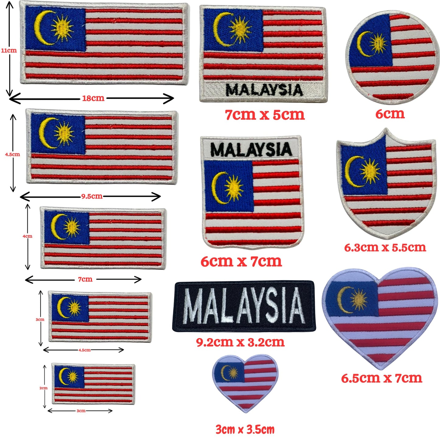 Malaysia Flag Embroidered Patch Set, Iron-On or Sew-On Applique Badges, Rectangle Shield Round Heart Shapes, for Jackets, Backpacks, Hats, Uniforms and Various Sizes