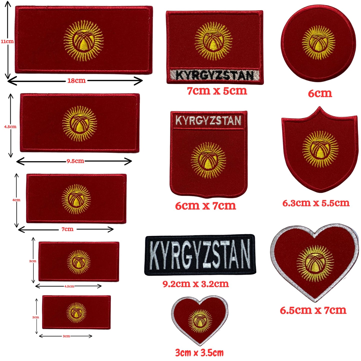 Kyrgyzstan Flag Embroidered Patch Set, Iron-On or Sew-On Applique Badges, Rectangle Shield Round Heart Shapes, for Jackets, Backpacks, Hats, Uniforms and Various Sizes