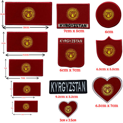 Kyrgyzstan Flag Embroidered Patch Set, Iron-On or Sew-On Applique Badges, Rectangle Shield Round Heart Shapes, for Jackets, Backpacks, Hats, Uniforms and Various Sizes