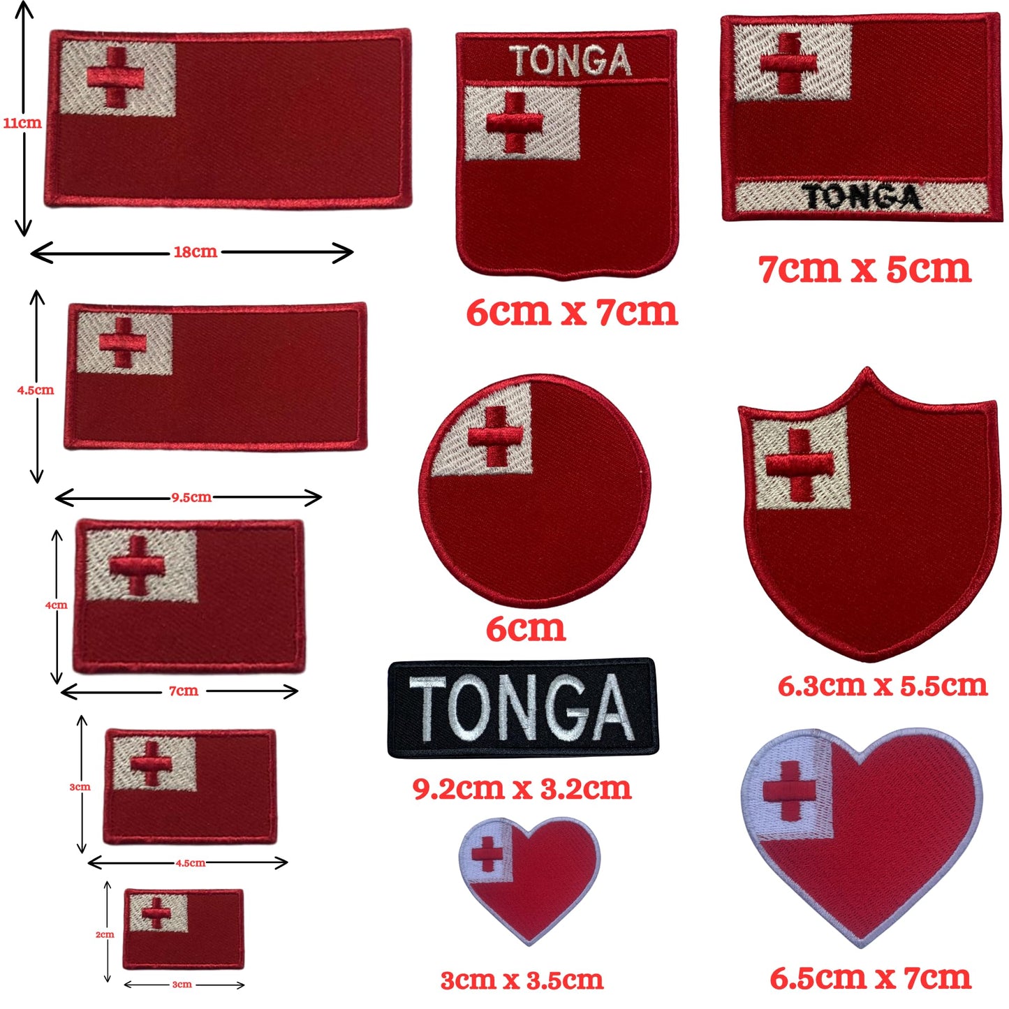 Tonga Flag Embroidered Patch Set, Iron-On or Sew-On Applique Badges, Rectangle Shield Round Heart Shapes, for Jackets, Backpacks, Hats, Uniforms and Various Sizes