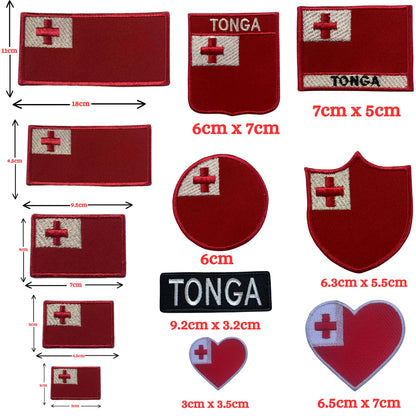 Tonga Flag Embroidered Patch Set, Iron-On or Sew-On Applique Badges, Rectangle Shield Round Heart Shapes, for Jackets, Backpacks, Hats, Uniforms and Various Sizes