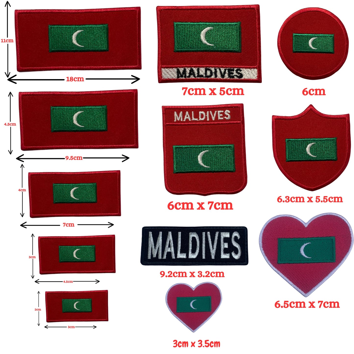 Maldives Flag Embroidered Patch Set, Iron-On or Sew-On Applique Badges, Rectangle Shield Round Heart Shapes, for Jackets, Backpacks, Hats, Uniforms and Various Sizes