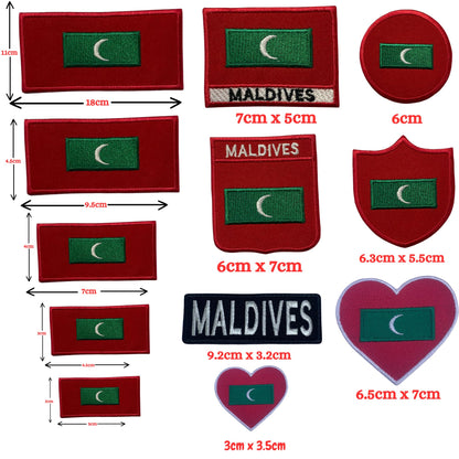 Maldives Flag Embroidered Patch Set, Iron-On or Sew-On Applique Badges, Rectangle Shield Round Heart Shapes, for Jackets, Backpacks, Hats, Uniforms and Various Sizes