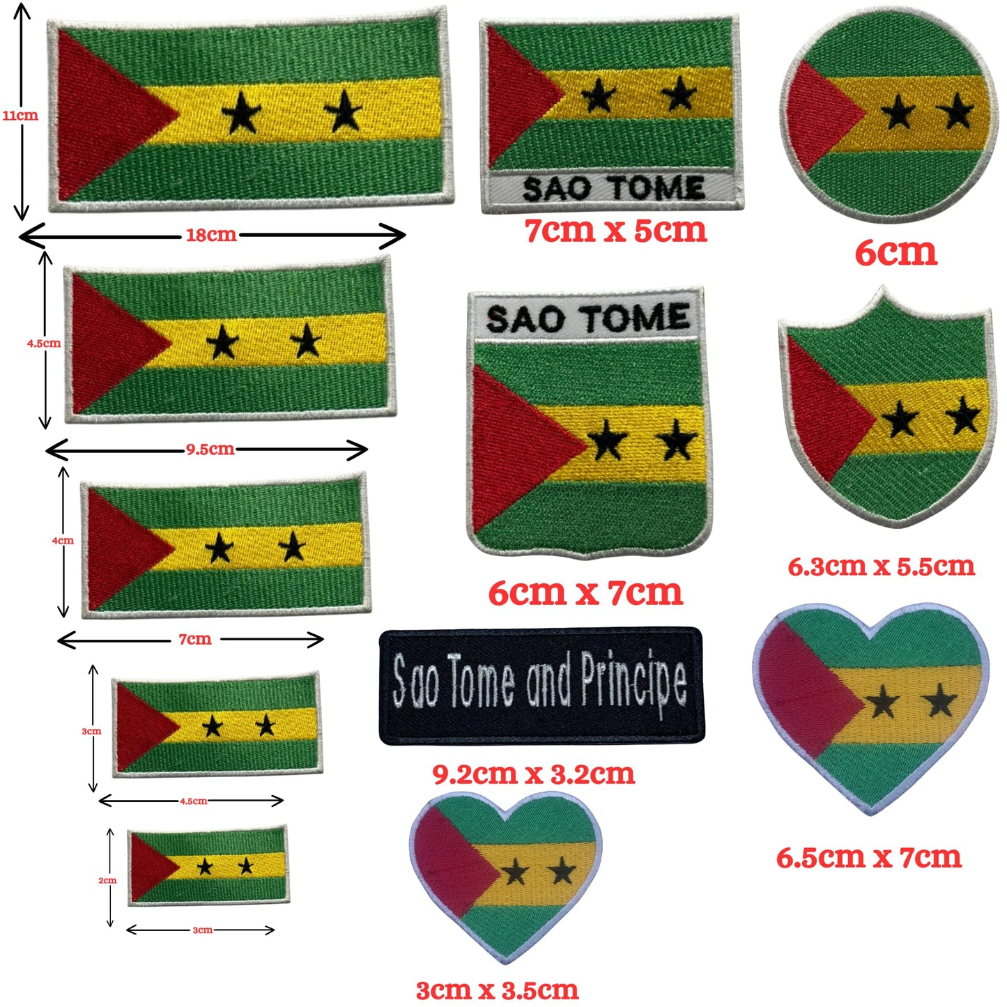 Sao Tome Flag Embroidered Patch Set, Iron-On or Sew-On Applique Badges, Rectangle Shield Round Heart Shapes, for Jackets, Backpacks, Hats, Uniforms and Various Sizes