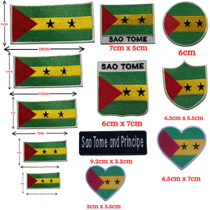 Sao Tome Flag Embroidered Patch Set, Iron-On or Sew-On Applique Badges, Rectangle Shield Round Heart Shapes, for Jackets, Backpacks, Hats, Uniforms and Various Sizes