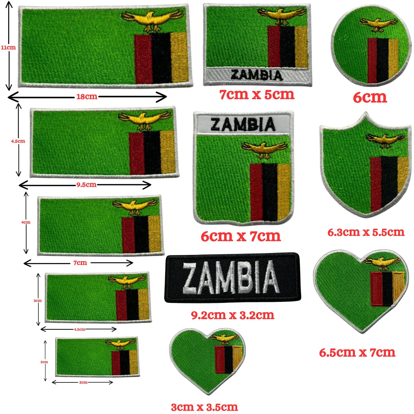 Zambia Flag Embroidered Patch Set, Iron-On or Sew-On Applique Badges, Rectangle Shield Round Heart Shapes, for Jackets, Backpacks, Hats, Uniforms and Various Sizes
