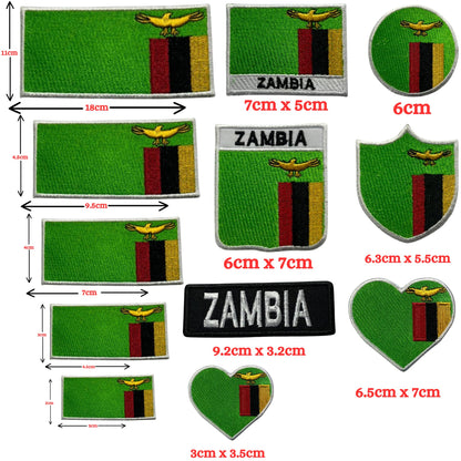 Zambia Flag Embroidered Patch Set, Iron-On or Sew-On Applique Badges, Rectangle Shield Round Heart Shapes, for Jackets, Backpacks, Hats, Uniforms and Various Sizes