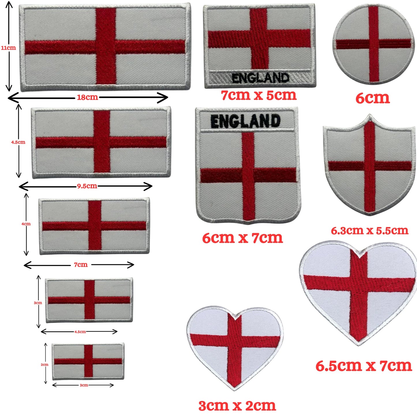 England Flag Embroidered Patches, Iron-On/Sew-On Applique, Shield, Round, Heart and Rectangle UK Flag Badges for Jackets, Bags, Uniforms, Various Sizes