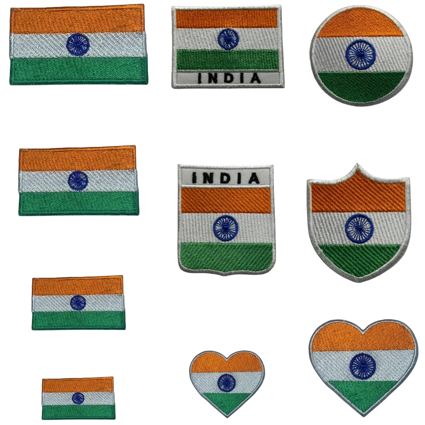 India Flag Embroidered Patch Set, Iron-On or Sew-On Applique Badges, Rectangle Shield Round Heart Shapes, for Jackets, Backpacks, Hats, Uniforms and Various Sizes