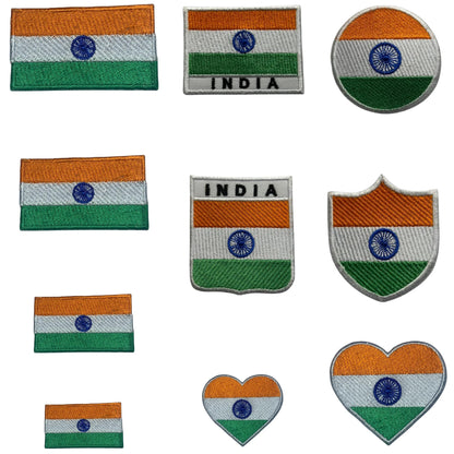 India Flag Embroidered Patch Set, Iron-On or Sew-On Applique Badges, Rectangle Shield Round Heart Shapes, for Jackets, Backpacks, Hats, Uniforms and Various Sizes