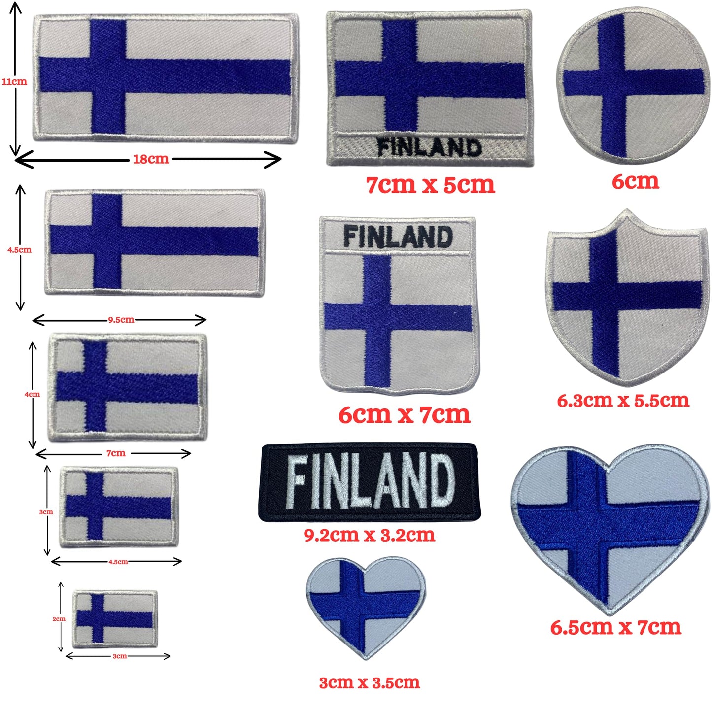 Finland Flag Embroidered Patch Set, Iron-On or Sew-On Applique Badges, Rectangle Shield Round Heart Shapes, for Jackets, Backpacks, Hats, Uniforms and Various Sizes