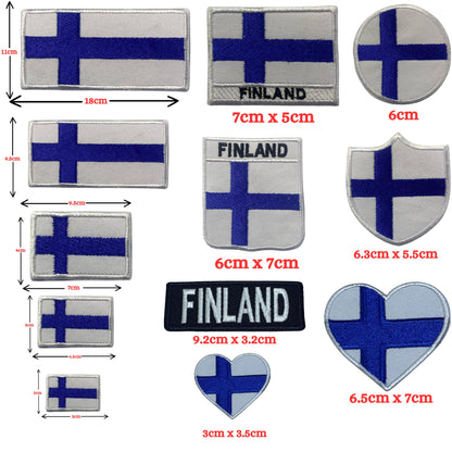 Finland Flag Embroidered Patch Set, Iron-On or Sew-On Applique Badges, Rectangle Shield Round Heart Shapes, for Jackets, Backpacks, Hats, Uniforms and Various Sizes