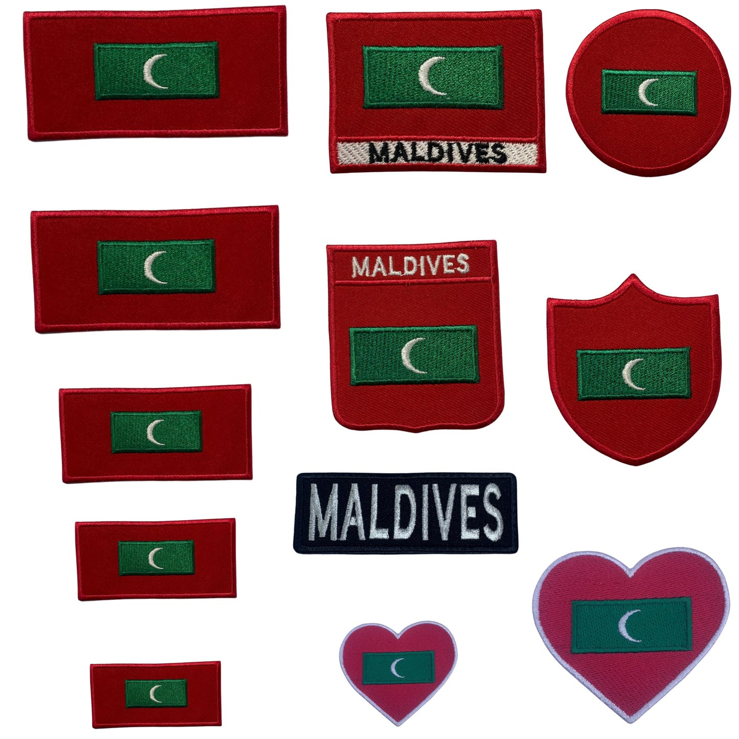 Maldives Flag Embroidered Patch Set, Iron-On or Sew-On Applique Badges, Rectangle Shield Round Heart Shapes, for Jackets, Backpacks, Hats, Uniforms and Various Sizes