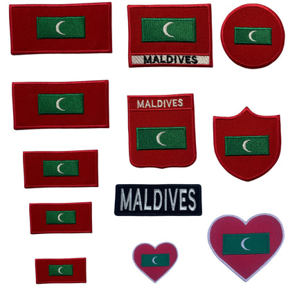 Maldives Flag Embroidered Patch Set, Iron-On or Sew-On Applique Badges, Rectangle Shield Round Heart Shapes, for Jackets, Backpacks, Hats, Uniforms and Various Sizes