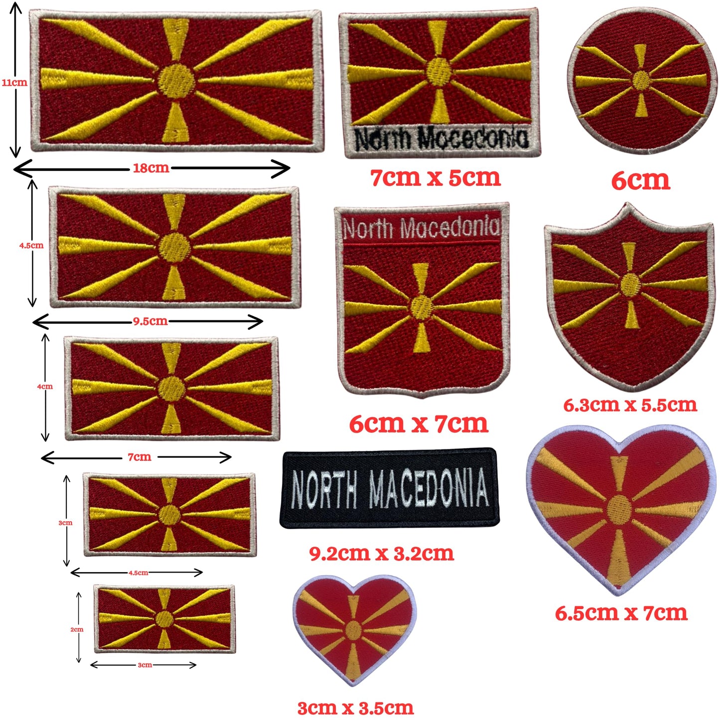 North Macedonia Flag Embroidered Patch Set, Iron-On or Sew-On Applique Badges, Rectangle Shield Round Heart Shapes, for Jackets, Backpacks, Hats, Uniforms and Various Sizes