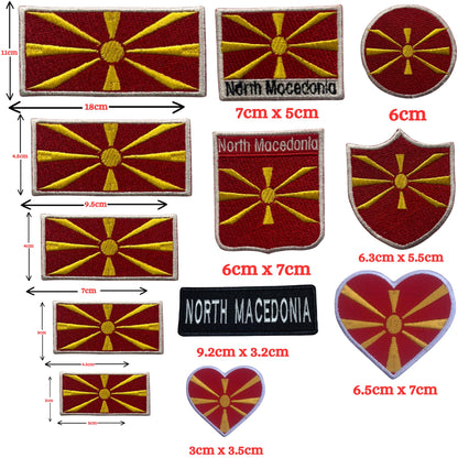 North Macedonia Flag Embroidered Patch Set, Iron-On or Sew-On Applique Badges, Rectangle Shield Round Heart Shapes, for Jackets, Backpacks, Hats, Uniforms and Various Sizes
