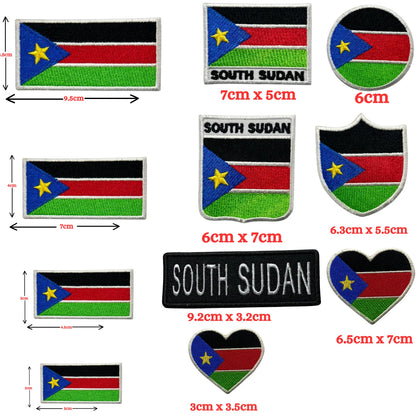 South Sudan Flag Embroidered Patch Set, Iron-On or Sew-On Applique Badges, Rectangle Shield Round Heart Shapes, for Jackets, Backpacks, Hats, Uniforms and Various Sizes