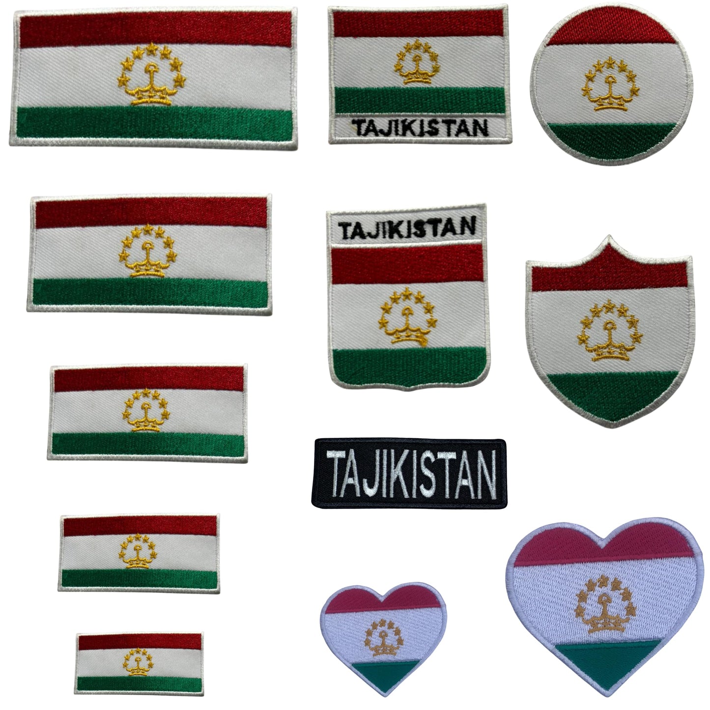Tajikistan Flag Embroidered Patch Set, Iron-On or Sew-On Applique Badges, Rectangle Shield Round Heart Shapes, for Jackets, Backpacks, Hats, Uniforms and Various Sizes