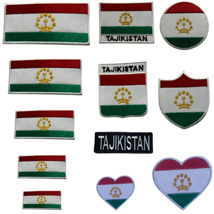 Tajikistan Flag Embroidered Patch Set, Iron-On or Sew-On Applique Badges, Rectangle Shield Round Heart Shapes, for Jackets, Backpacks, Hats, Uniforms and Various Sizes
