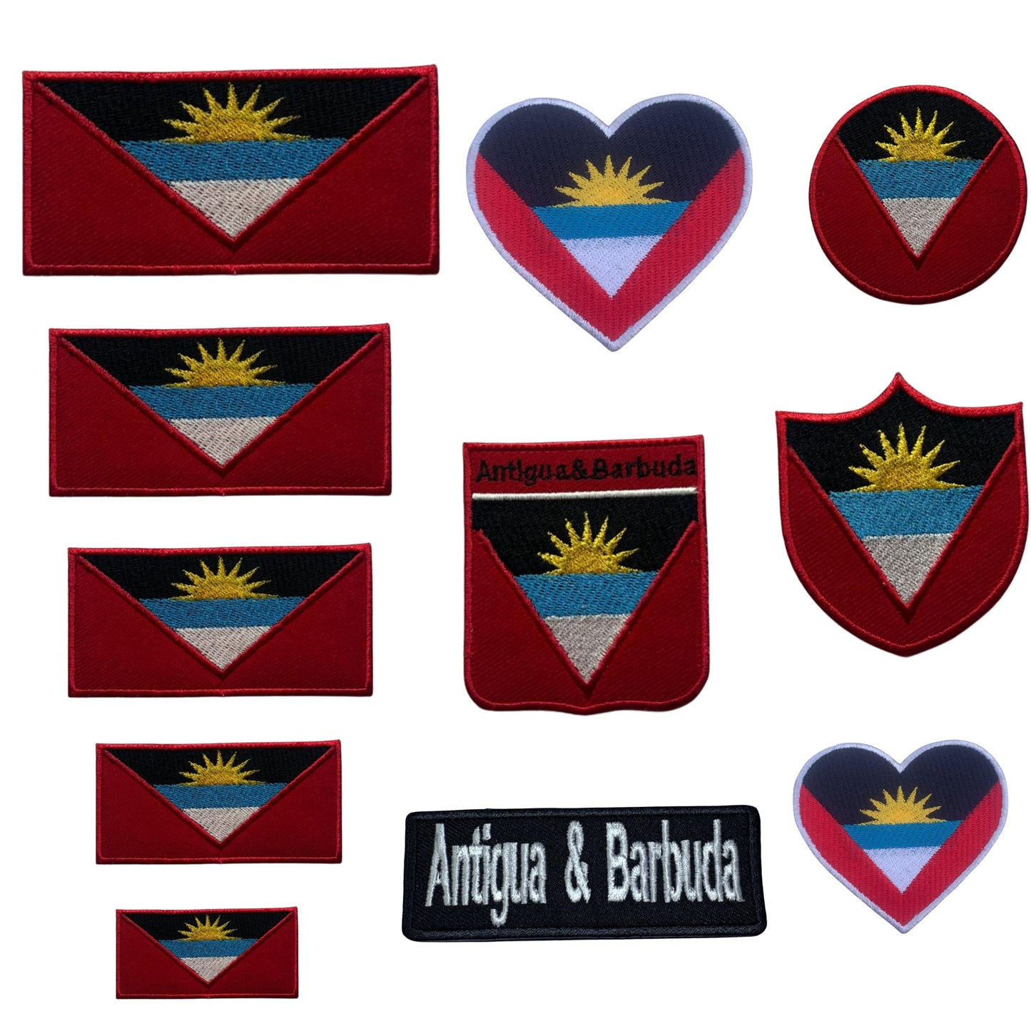 Antigua and Barbuda Flag Embroidered Patches, Iron-On/Sew-On Applique, Shield, Round, Heart and Rectangle Flag Badges for Jackets, Bags, Uniforms, Various Sizes