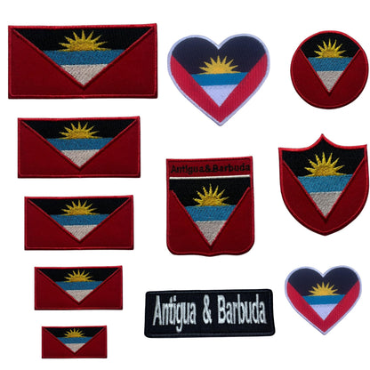 Antigua and Barbuda Flag Embroidered Patches, Iron-On/Sew-On Applique, Shield, Round, Heart and Rectangle Flag Badges for Jackets, Bags, Uniforms, Various Sizes