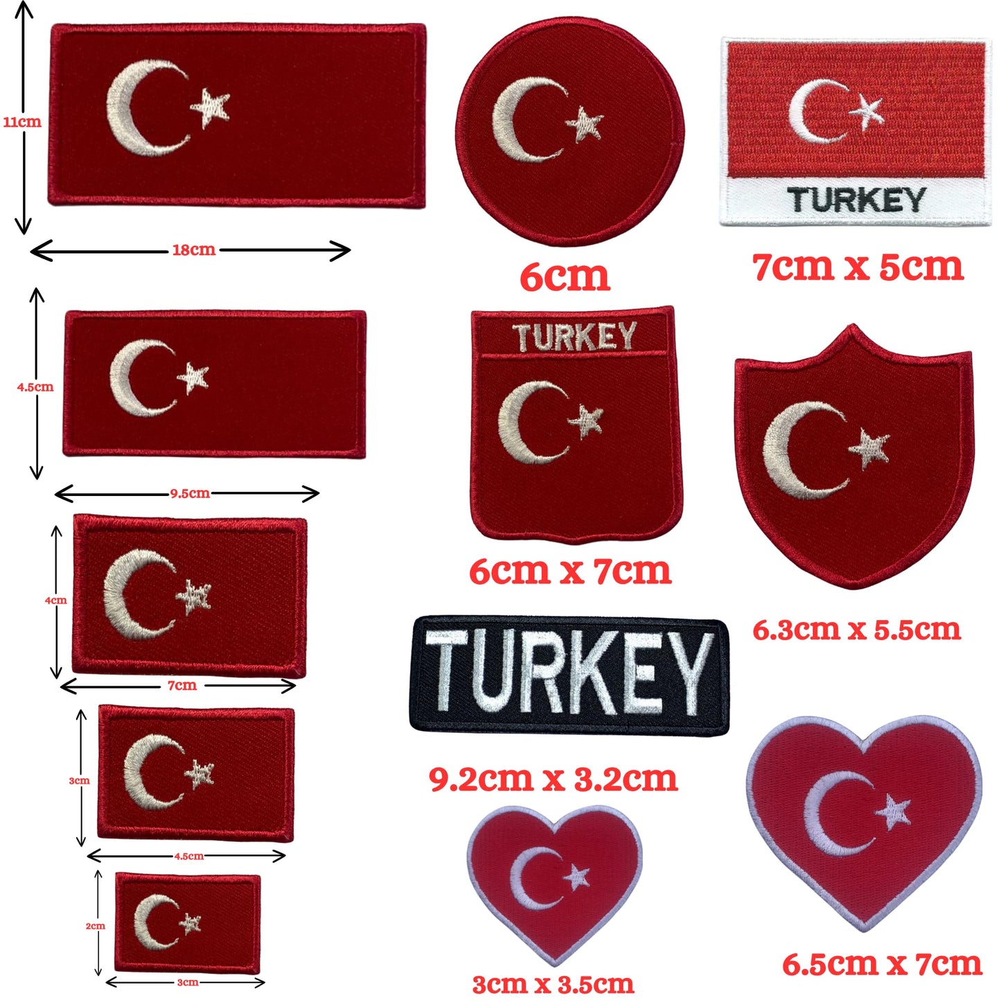 BeBuz Turkey Flag Embroidered Patches, Iron-On/Sew-On Applique, Shield, Round, Heart and Rectangle Flag Badges for Jackets, Bags, Uniforms, Various Sizes