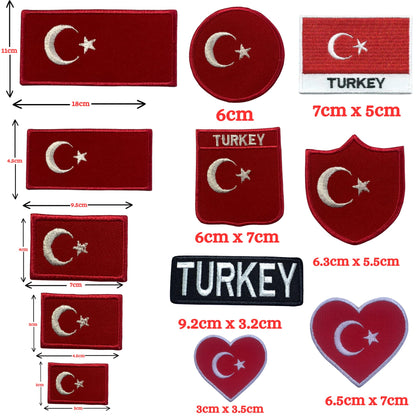 BeBuz Turkey Flag Embroidered Patches, Iron-On/Sew-On Applique, Shield, Round, Heart and Rectangle Flag Badges for Jackets, Bags, Uniforms, Various Sizes