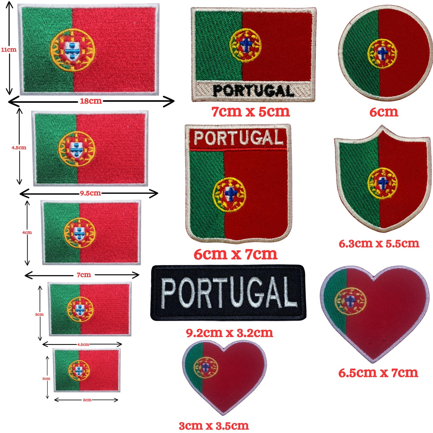 BeBuz Portugal Flag Embroidered Patches, Iron-On/Sew-On Applique, Shield, Round, Heart and Rectangle Flag Badges for Jackets, Bags, Uniforms, Various Sizes