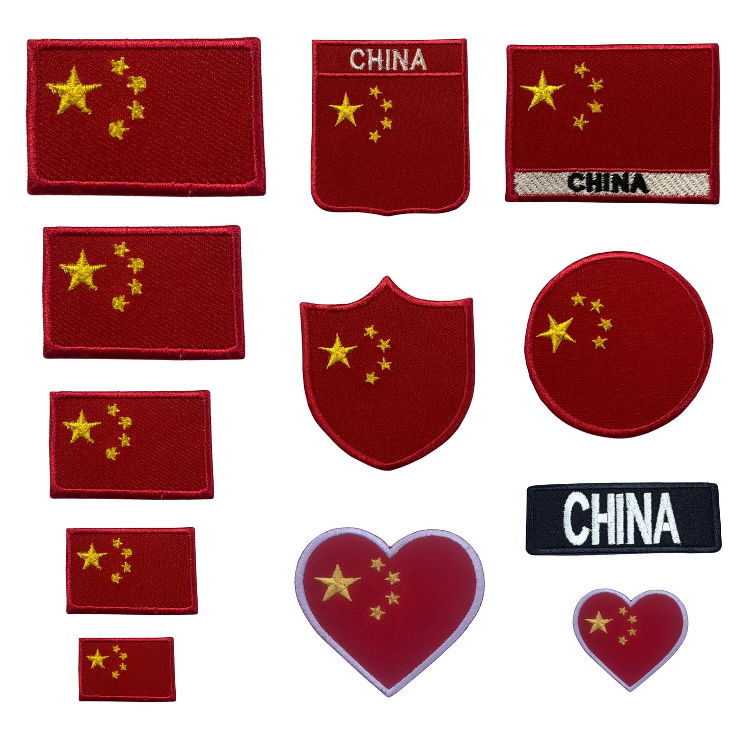 China Flag Embroidered Patch Set, Iron-On or Sew-On Applique Badges, Rectangle Shield Round Heart Shapes, for Jackets, Backpacks, Hats, Uniforms and Various Sizes