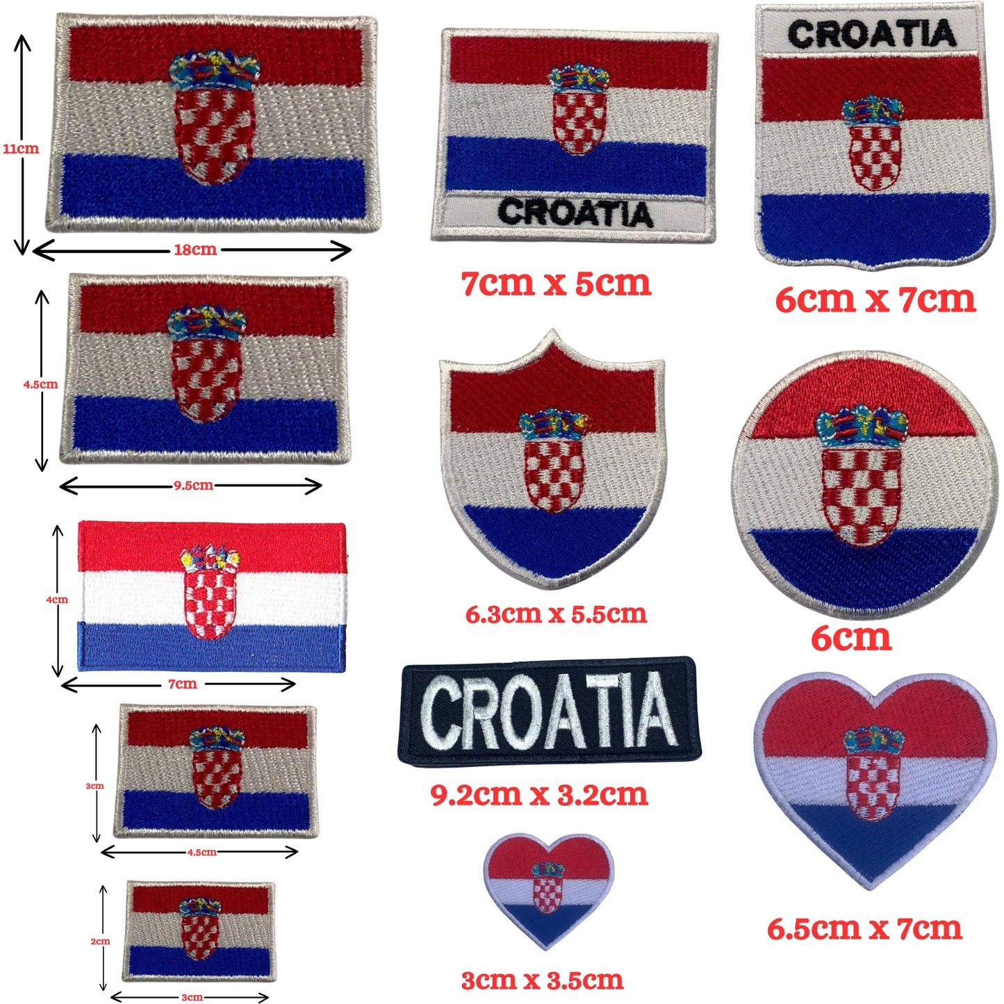 BeBuz Croatia Flag Embroidered Patches, Iron-On/Sew-On Applique, Shield, Round, Heart and Rectangle Flag Badges for Jackets, Bags, Uniforms, Various Sizes