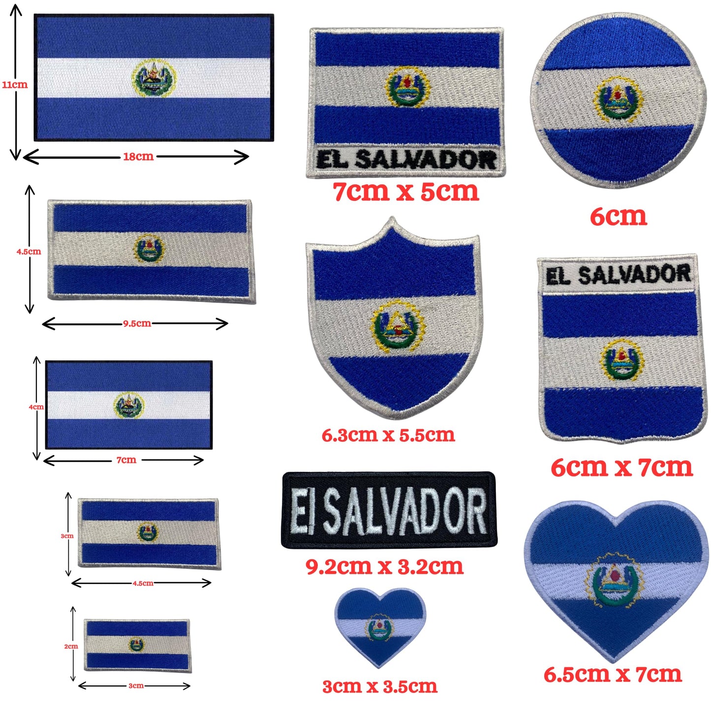 El Salvador Flag Embroidered Patch Set, Iron-On or Sew-On Applique Badges, Rectangle Shield Round Heart Shapes, for Jackets, Backpacks, Hats, Uniforms and Various Sizes