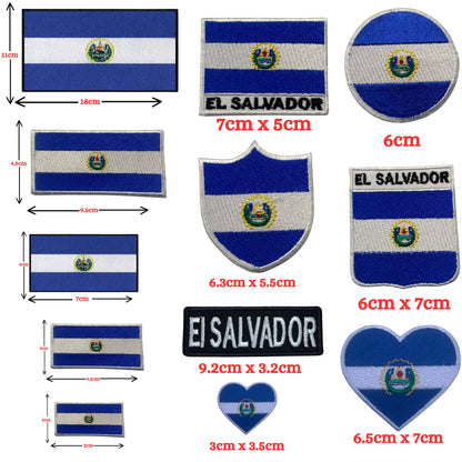 El Salvador Flag Embroidered Patch Set, Iron-On or Sew-On Applique Badges, Rectangle Shield Round Heart Shapes, for Jackets, Backpacks, Hats, Uniforms and Various Sizes
