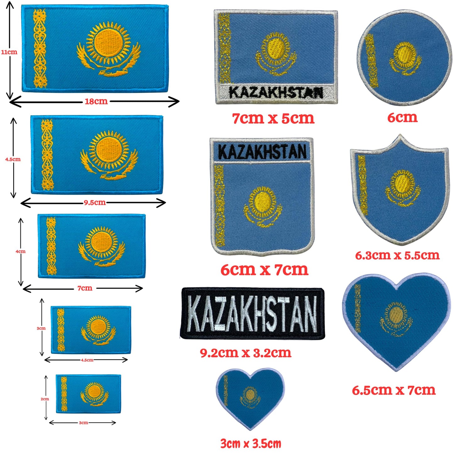 Kazakhstan Flag Embroidered Patch Set, Iron-On or Sew-On Applique Badges, Rectangle Shield Round Heart Shapes, for Jackets, Backpacks, Hats, Uniforms and Various Sizes