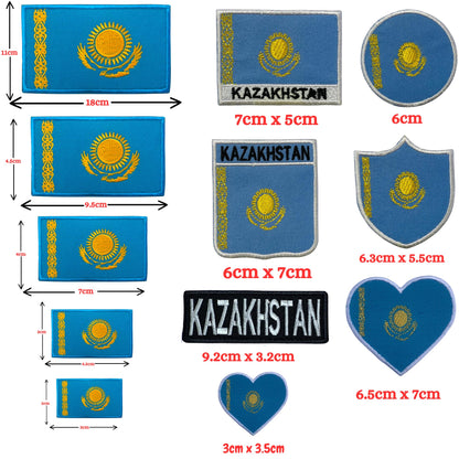 Kazakhstan Flag Embroidered Patch Set, Iron-On or Sew-On Applique Badges, Rectangle Shield Round Heart Shapes, for Jackets, Backpacks, Hats, Uniforms and Various Sizes