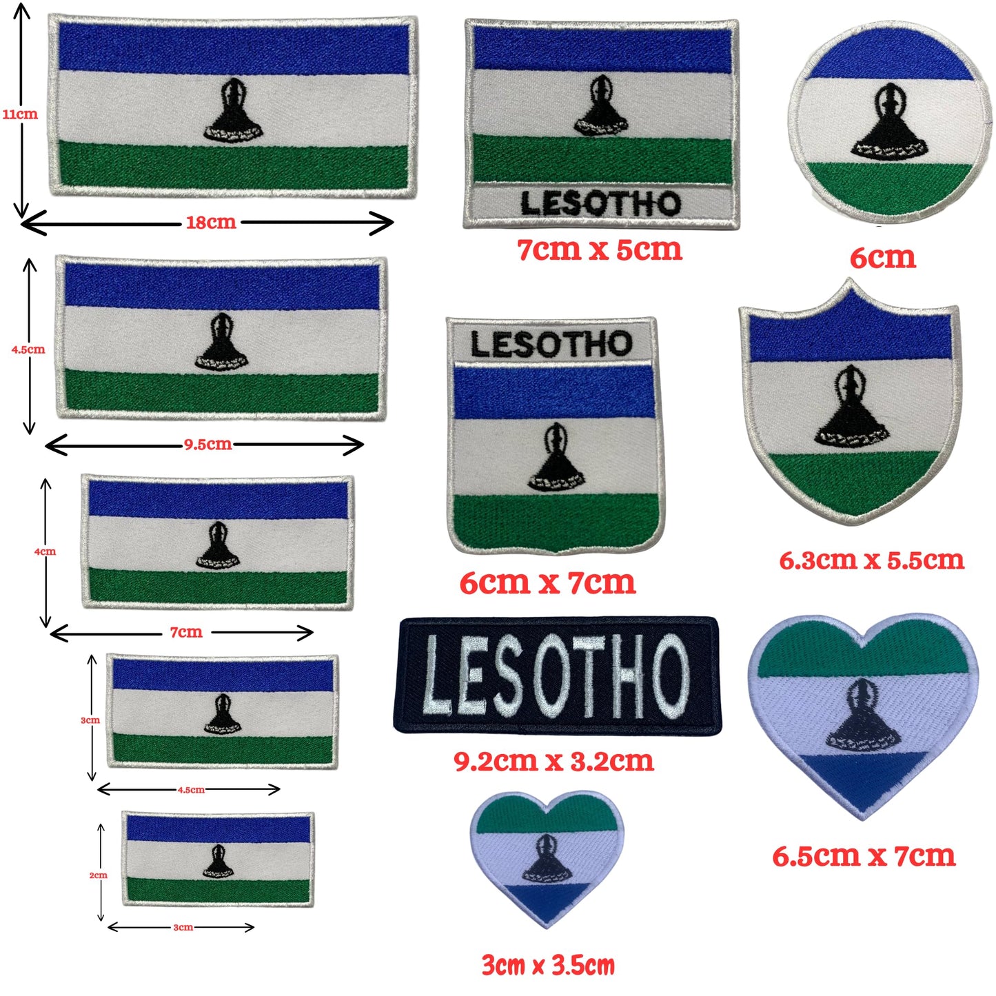Lesotho Flag Embroidered Patch Set, Iron-On or Sew-On Applique Badges, Rectangle Shield Round Heart Shapes, for Jackets, Backpacks, Hats, Uniforms and Various Sizes