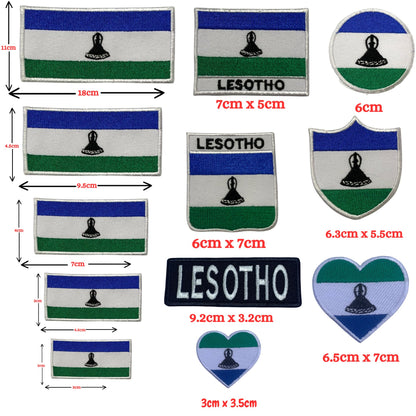 Lesotho Flag Embroidered Patch Set, Iron-On or Sew-On Applique Badges, Rectangle Shield Round Heart Shapes, for Jackets, Backpacks, Hats, Uniforms and Various Sizes