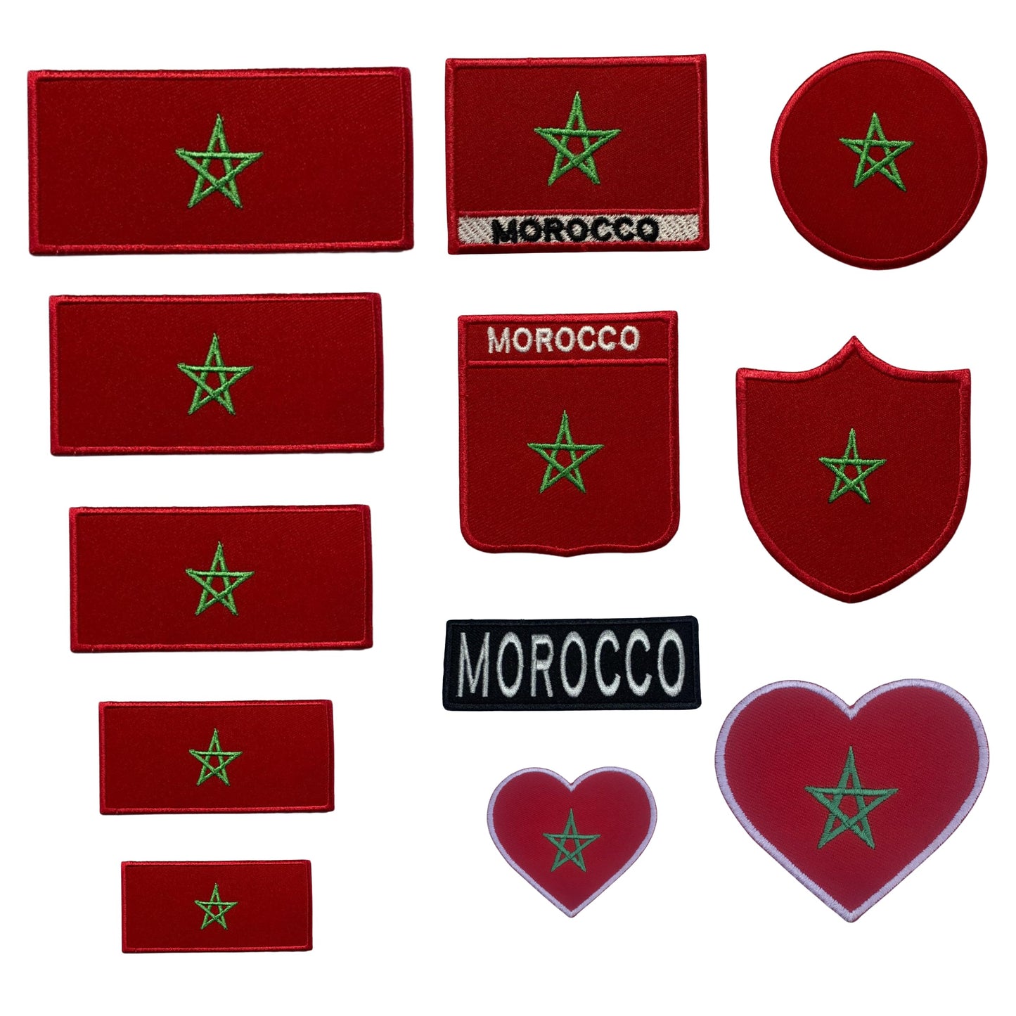 Morocco Flag Embroidered Patches, Iron-On/Sew-On Applique, Shield, Round, Heart and Rectangle Flag Badges for Jackets, Bags, Uniforms, Various Sizes