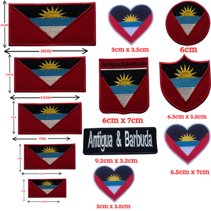 Antigua and Barbuda Flag Embroidered Patches, Iron-On/Sew-On Applique, Shield, Round, Heart and Rectangle Flag Badges for Jackets, Bags, Uniforms, Various Sizes