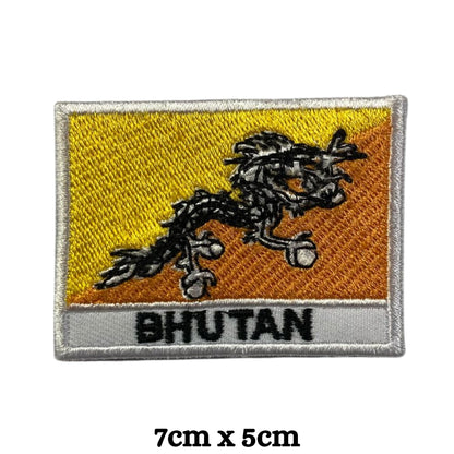 BeBuz Bhutan Flag Embroidered Patches, Iron-On/Sew-On Applique, Shield, Round, Heart and Rectangle Flag Badges for Jackets, Bags, Uniforms, Various Sizes
