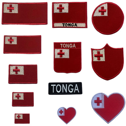 Tonga Flag Embroidered Patch Set, Iron-On or Sew-On Applique Badges, Rectangle Shield Round Heart Shapes, for Jackets, Backpacks, Hats, Uniforms and Various Sizes