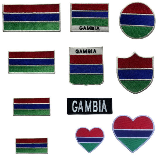 Gambia Flag Embroidered Patch Set, Iron-On or Sew-On Applique Badges, Rectangle Shield Round Heart Shapes, for Jackets, Backpacks, Hats, Uniforms and Various Sizes
