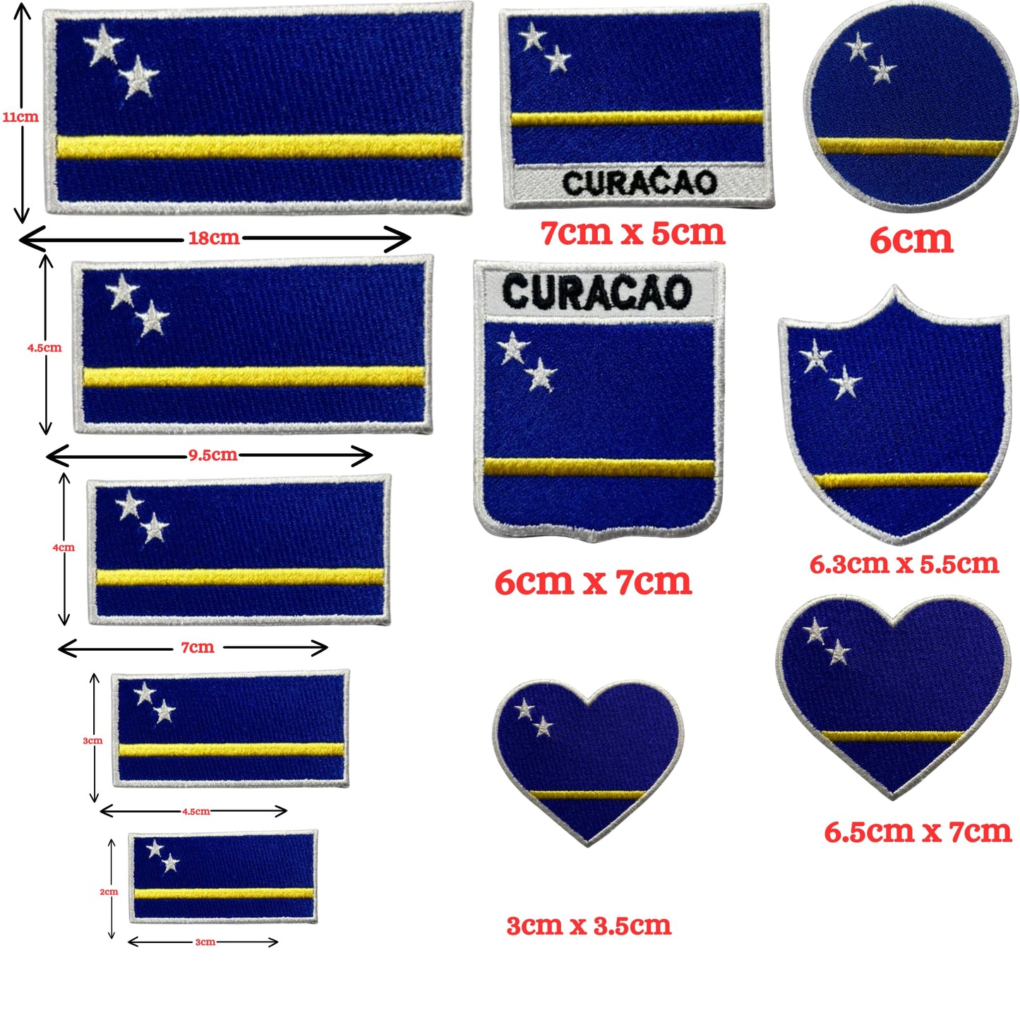 Curacao Flag Embroidered Patches, Iron-On/Sew-On Applique, Shield, Round, Heart and Rectangle Flag Badges for Jackets, Bags, Uniforms, Various Sizes