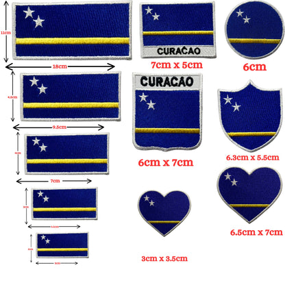 Curacao Flag Embroidered Patches, Iron-On/Sew-On Applique, Shield, Round, Heart and Rectangle Flag Badges for Jackets, Bags, Uniforms, Various Sizes