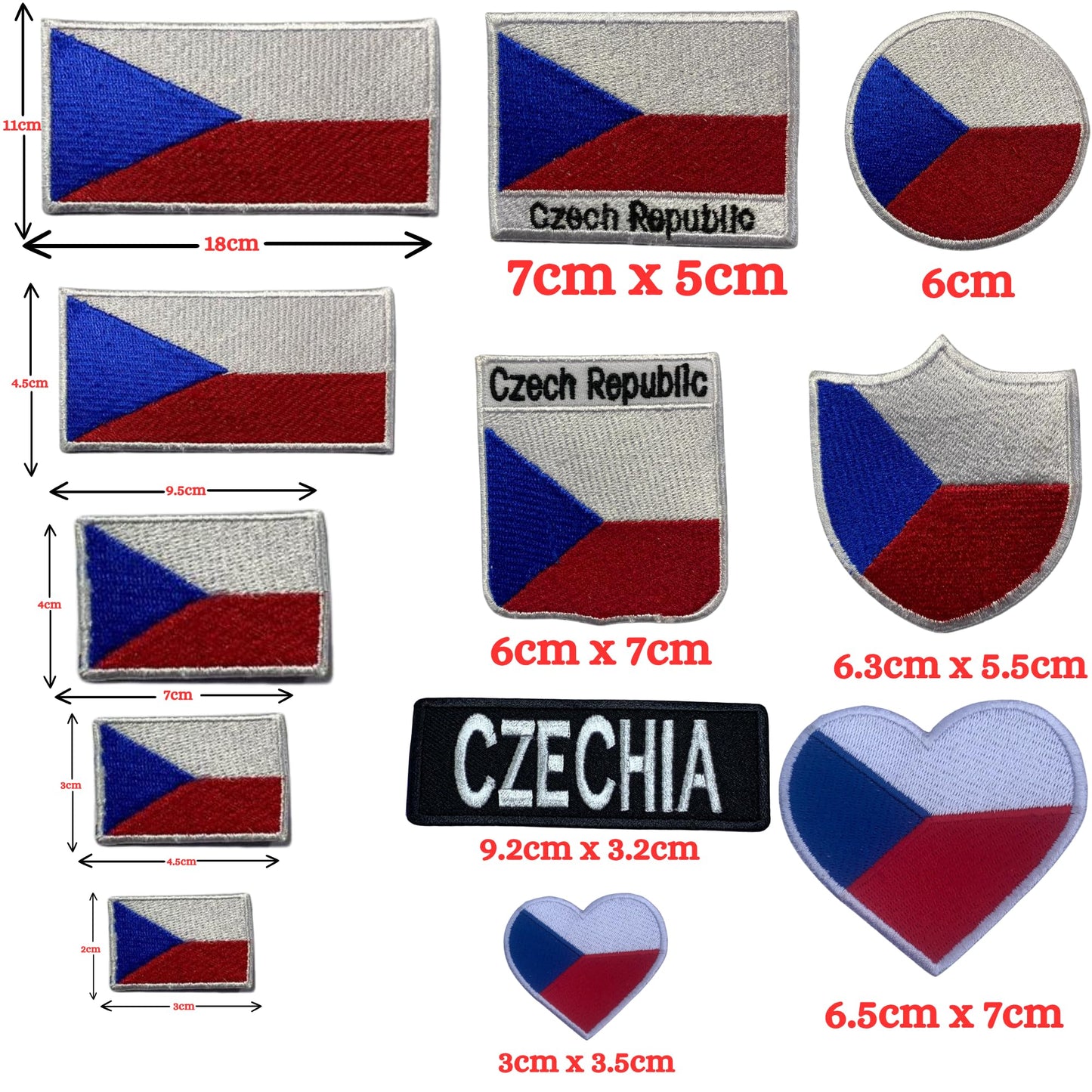 Czech Republic Flag Embroidered Patch Set, Iron-On or Sew-On Applique Badges, Rectangle Shield Round Heart Shapes, for Jackets, Backpacks, Hats, Uniforms and Various Sizes