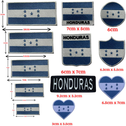 Honduras Flag Embroidered Patch Set, Iron-On or Sew-On Applique Badges, Rectangle Shield Round Heart Shapes, for Jackets, Backpacks, Hats, Uniforms and Various Sizes