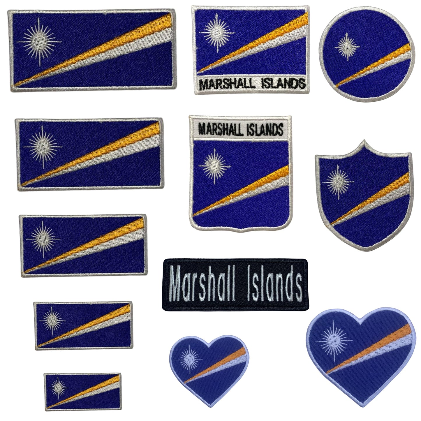 Marshall Islands Flag Embroidered Patch Set, Iron-On or Sew-On Applique Badges, Rectangle Shield Round Heart Shapes, for Jackets, Backpacks, Hats, Uniforms and Various Sizes