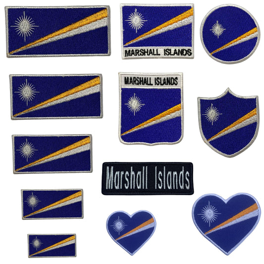Marshall Islands Flag Embroidered Patch Set, Iron-On or Sew-On Applique Badges, Rectangle Shield Round Heart Shapes, for Jackets, Backpacks, Hats, Uniforms and Various Sizes