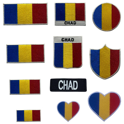 Chad Flag Embroidered Patch Set, Iron-On or Sew-On Applique Badges, Rectangle Shield Round Heart Shapes, for Jackets, Backpacks, Hats, Uniforms and Various Sizes